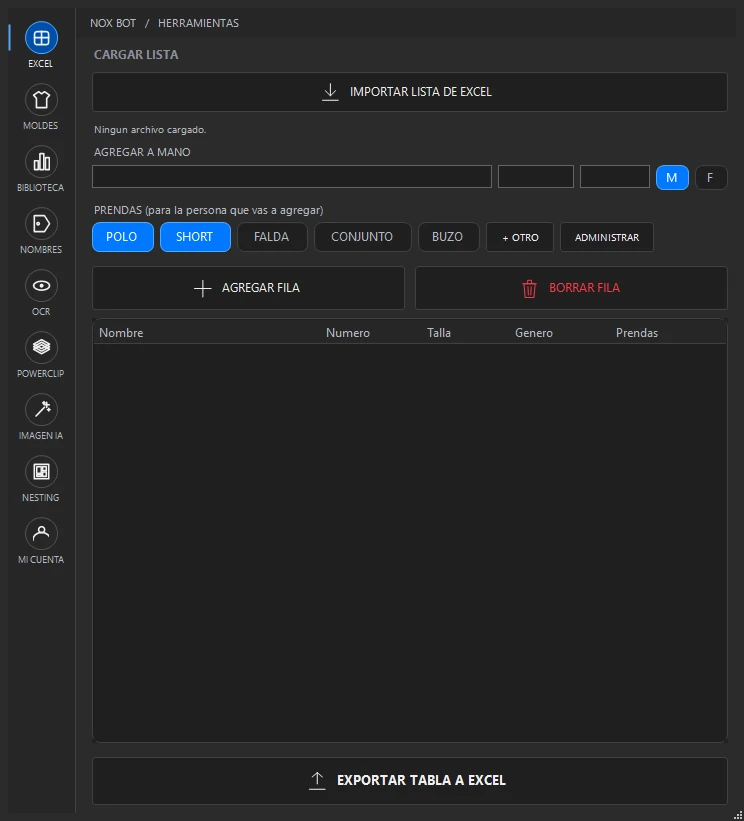 Interfaz de NOX BOT: pestaña Excel